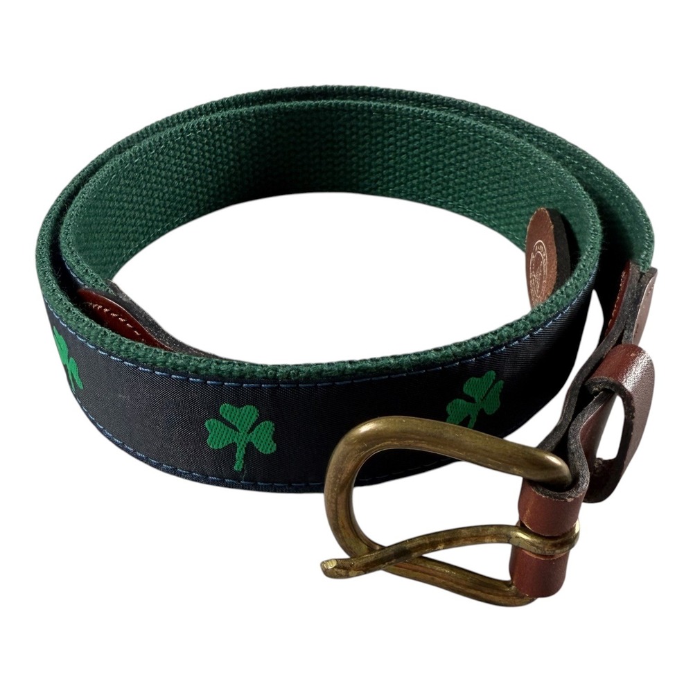 Leather Man Ltd Men Belt 34 St Patricks Day Shamrock Navy Green Ribbon Brass USA